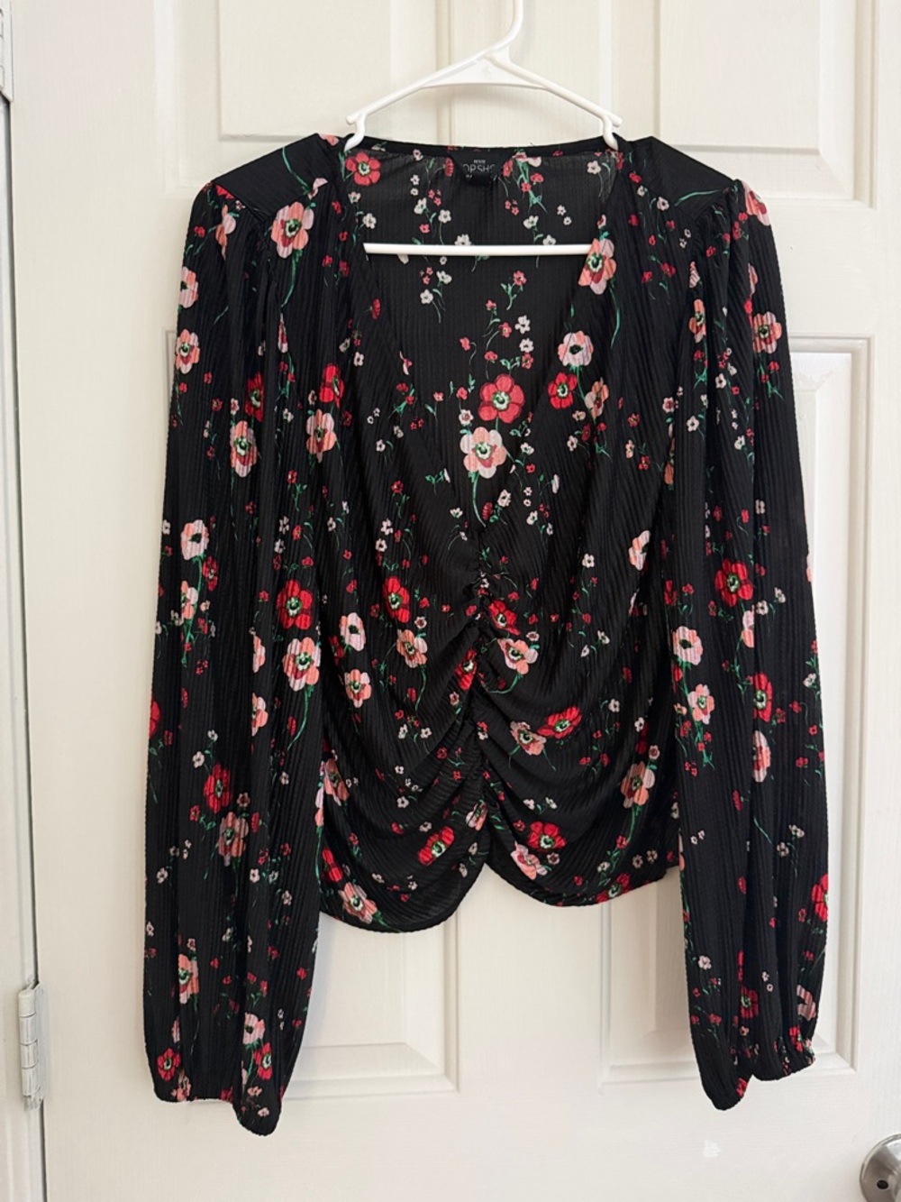 Topshop Black Floral Ruched Front Long-Sleeve Blouse
